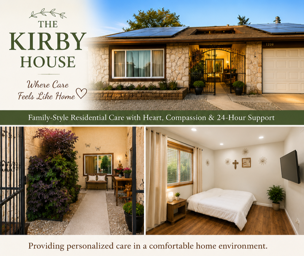 Kirby House — front entrance, courtyard, and a resident bedroom
